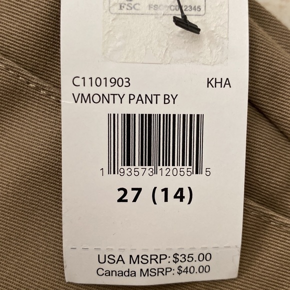NWT- Big boys size 27/size 14 US volcom VMonty khaki pants. - Picture 5 of 5